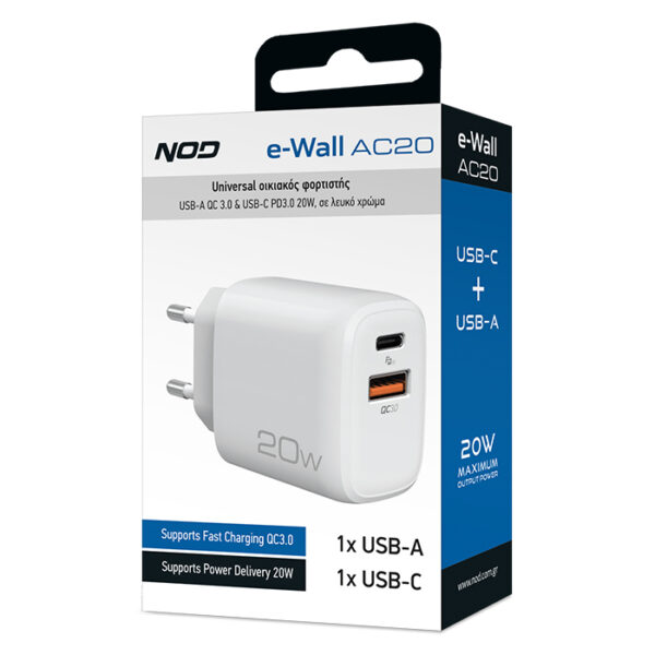 NOD E-WALL AC20 Universal οικιακός φορτιστής USB-A QC3.0 & USB-C PD3.0 20W, σε λευκό χρώμα.141-0203 - Image 4