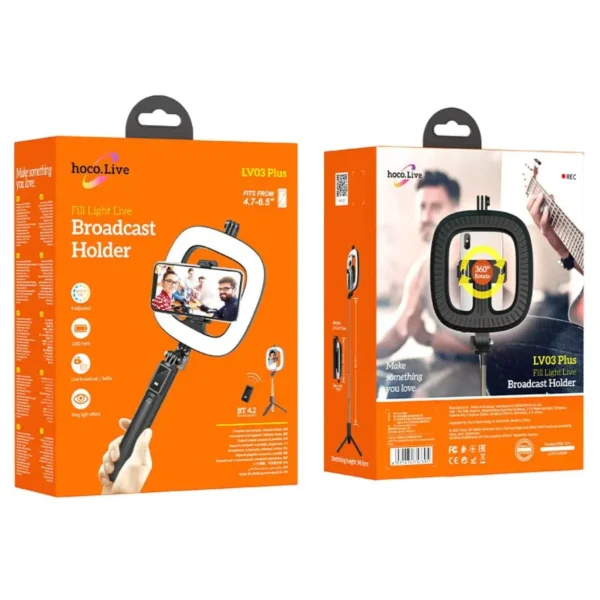 Selfie Stick Hoco LV03 Plus 360ᵒ για Συσκευές 4.7"-6.7" με LED Φωτισμό και Τηλεχειριστήριο Μαύρη - Image 2