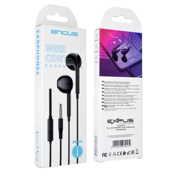 Hands Free Ancus Melody MD66 Semi in-Earbud Stereo 3.5mm Μαύρο με Μικρόφωνο και Πλήκτρο Λειτουργίας 1,2μ - Image 2