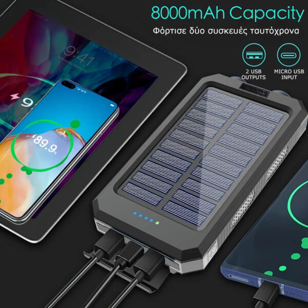 5205308382352x_2 SOLAR POWER BANK 8000mAh IP64 WITH FLASHLIGHT AND COMPASS OUTPUT USB1 5V-2A/ USB2 5V-2A MAX 2.1A INPUT MICRO USB 5V-2A BLACK - Image 3
