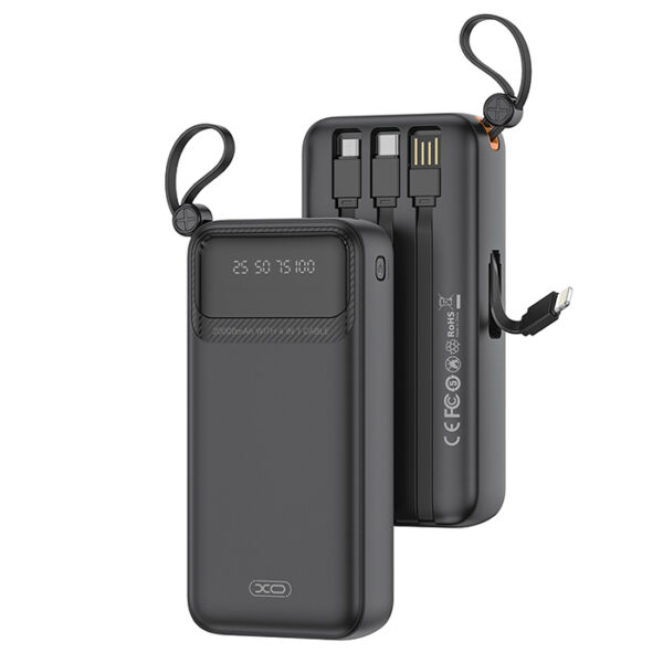249-0110 XO PR27Power Bank 20.000 mAh, με 4 ενσωματωμένα καλώδια (1x USB-Α, 1x USB Type-C, 1x Micro USB, 1x Lightning) σε μαύρο χρώμα - Image 1