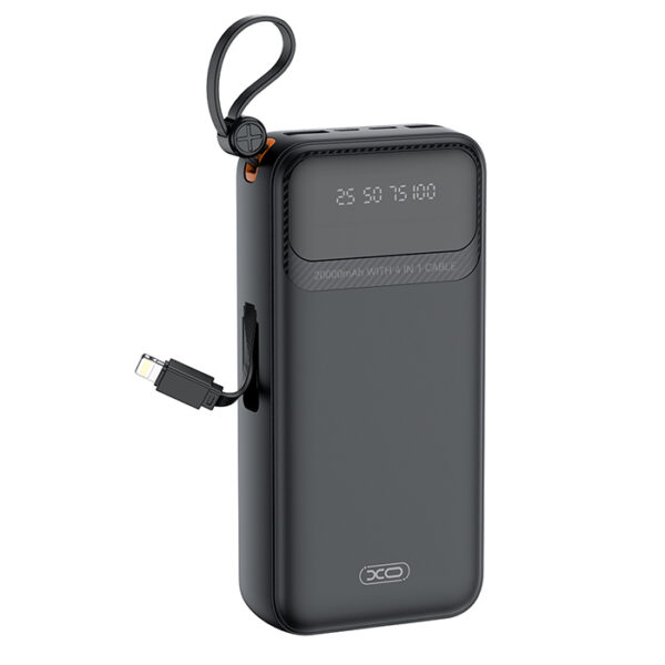 249-0110_01 XO PR27Power Bank 20.000 mAh, με 4 ενσωματωμένα καλώδια (1x USB-Α, 1x USB Type-C, 1x Micro USB, 1x Lightning) σε μαύρο χρώμα - Image 2