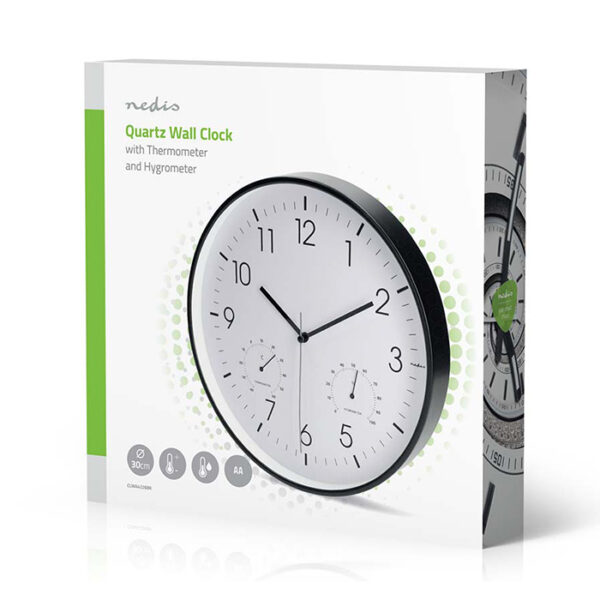 NEDIS CLWA4226BK Ρολόι τοίχου, αθόρυβο, με ενσωματωμένο θερμόμετρο και υγρόμετρο, σε λευκό/μαύρο χρώμα. - Image 2