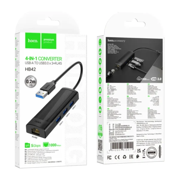 USB Hub Hoco HB42 USB σε 3 x USB 3.0 και RJ45 με Λειτουργία Μεταφοράς Δεδομένων 1000Mbps 0.2m Μαύρο - Image 2