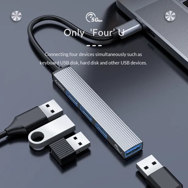 ORICO USB hub AH-13, 4x θυρών, USB 3.0, 5Gbps, USB-C σύνδεση, γκρi - Image 2
