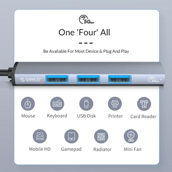 ORICO USB hub AH-13, 4x θυρών, USB 3.0, 5Gbps, USB-C σύνδεση, γκρi - Image 3